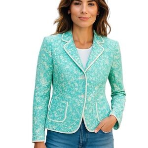 OSCAR VINTAGE OSCAR DE LA RENTA AQUA BLUE WHITE BLAZER JACKET CRYSTAL BUTTONS 8
